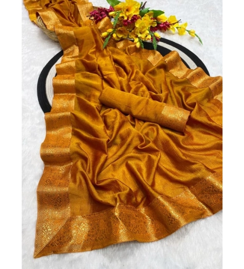 Women's Vichitra Silk Printed Saree With Unstitched Blouse 5.5Mtr (Mustard)