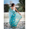 Women's Linen Printed Saree With Unstitched Blouse 5.5Mtr (Aqua)