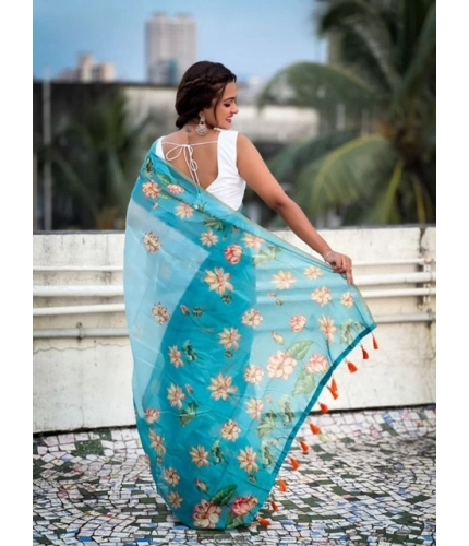Women's Linen Printed Saree With Unstitched Blouse 5.5Mtr (Aqua)