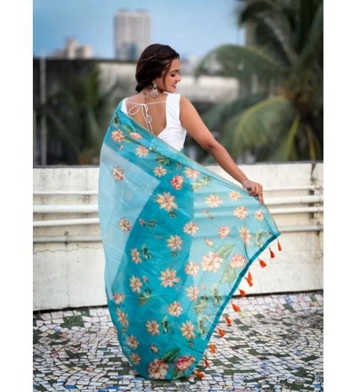 Women's Linen Printed Saree With Unstitched Blouse 5.5Mtr (Aqua) Women's Linen Printed Saree With Unstitched Blouse 5.5Mtr (Aqua)