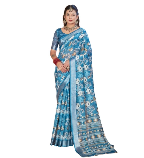 Women's Printed Cotton Linen Saree withPrinted  Saree With Unstitched Blouse (Blue, 5-6Mtrs)