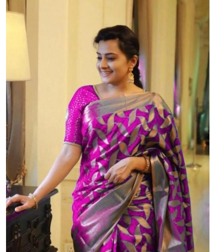Women's Litchi silk Printed Saree With Unstitched Blouse (Pink)