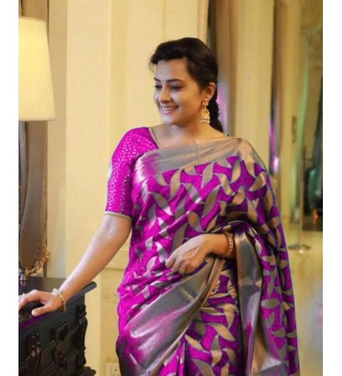 Women's Litchi silk Printed Saree With Unstitched Blouse (Pink)