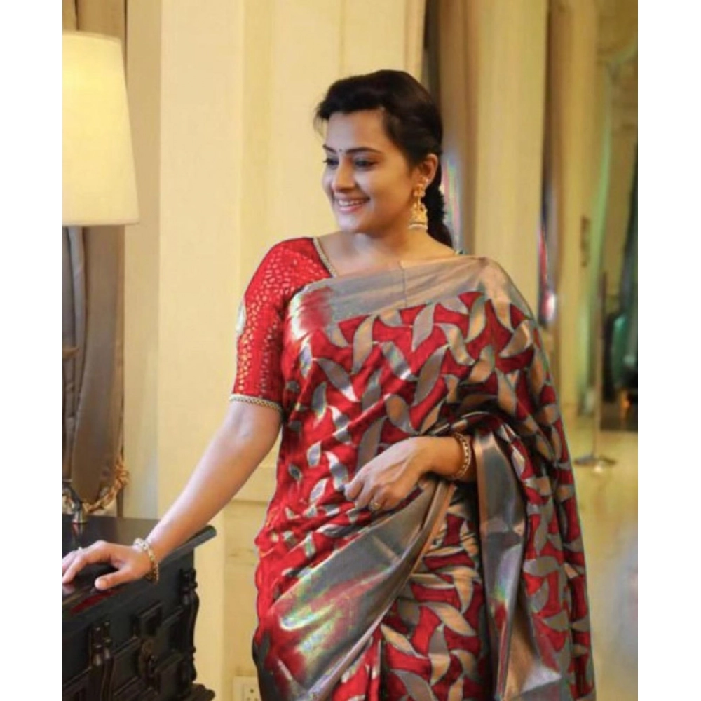 Women's Litchi silk Printed Saree With Unstitched Blouse (Red) Women's Litchi silk Printed Saree With Unstitched Blouse (Red)