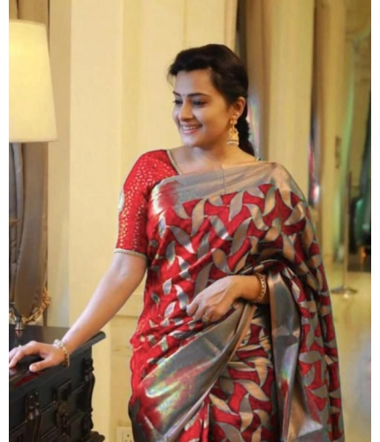 Women's Litchi silk Printed Saree With Unstitched Blouse (Red) Women's Litchi silk Printed Saree With Unstitched Blouse (Red)