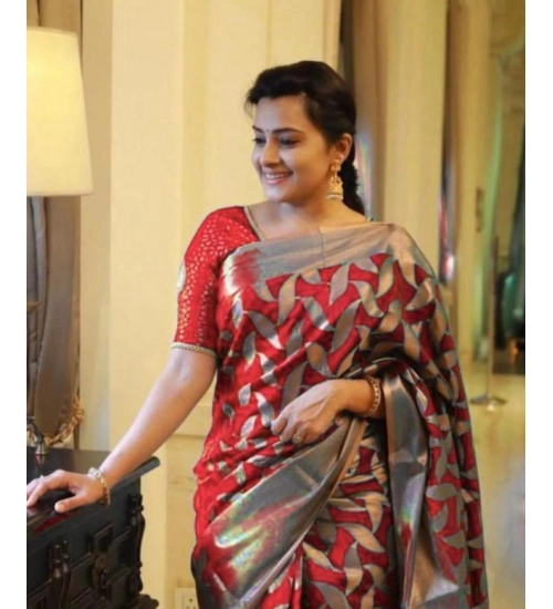 Women's Litchi silk Printed Saree With Unstitched Blouse (Red)