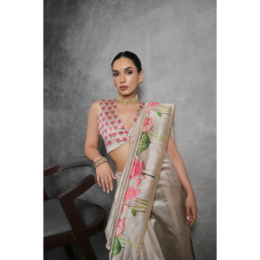 Women's Cotton Printed Saree With Unstitched Blouse 5.5 Mtr (Cream)