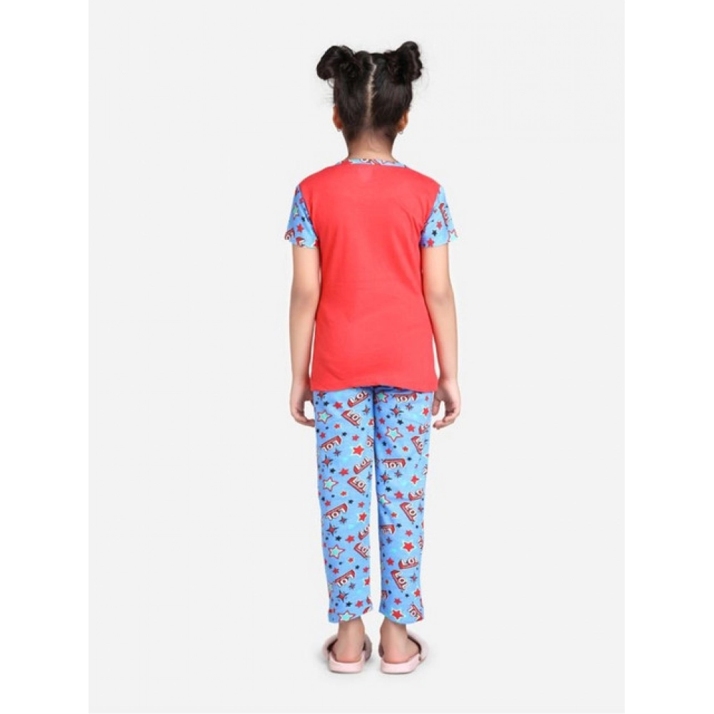 Girl's Cotton Hosiery Printed Night Suit Set (Red-Blue) Girl's Cotton Hosiery Printed Night Suit Set (Red-Blue)