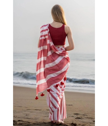 Women's Linen Printed Saree With Unstitched Blouse 5.5Mtr (Red)