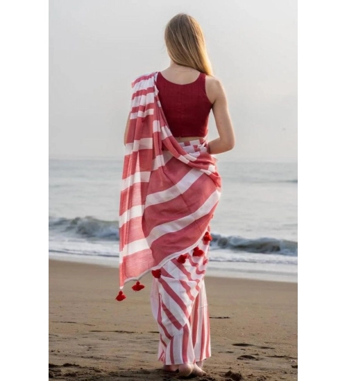 Women's Linen Printed Saree With Unstitched Blouse 5.5Mtr (Red)