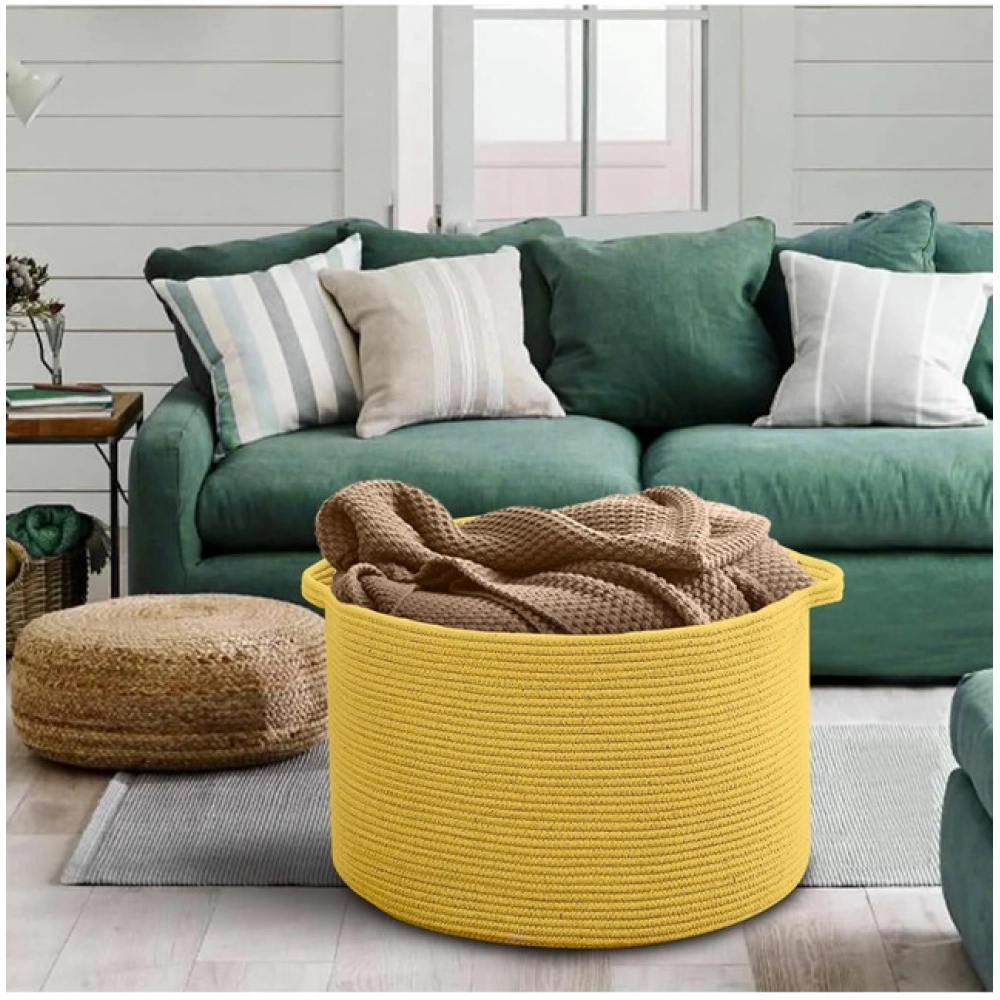 Cotton 14x12 Inch Pack of 1 Storage Basket For Clothes (Yellow)