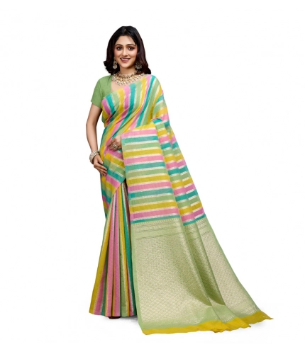Women's Cotton Blended Printed Saree With Unstitched Blouse 5.5Mtr (Pista)