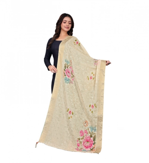 Women's chanderi silk  Printed Dupatta (Beige, Length: 2 Mtr)