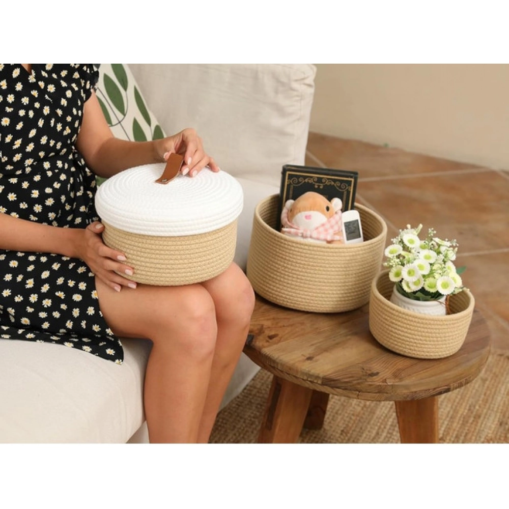 Cotton 3 Pcs Set Roti Box Storage Basket With Lid (Beige)