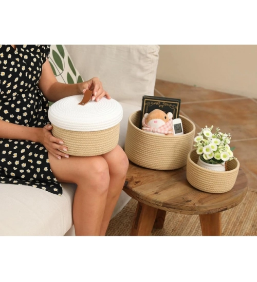 Cotton 3 Pcs Set Roti Box Storage Basket With Lid (Beige)