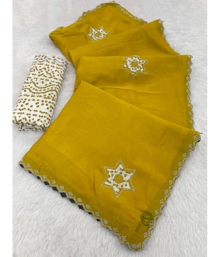 Women's Chiffon Butti Dotted Saree With Unstitched Blouse 5.5Mtr (Yellow)