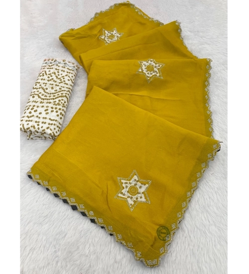 Women's Chiffon Butti Dotted Saree With Unstitched Blouse 5.5Mtr (Yellow)
