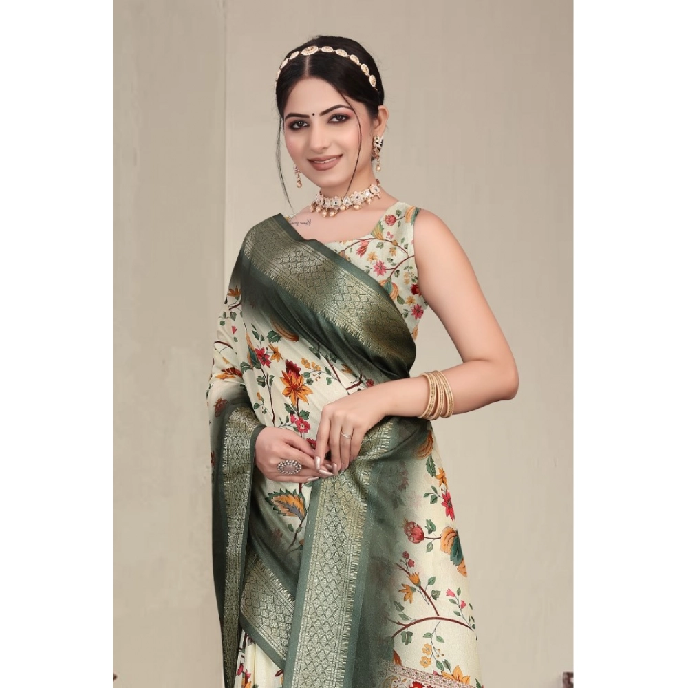 Women's Cotton Silk  Printed Saree With Unstitched Blouse 5.5Mtr (Green)