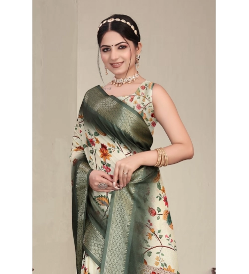 Women's Cotton Silk Printed Saree With Unstitched Blouse 5.5Mtr (Green) Women's Cotton Silk Printed Saree With Unstitched Blouse 5.5Mtr (Green)
