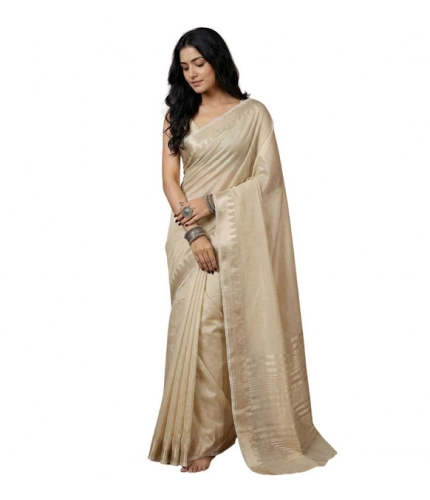 Women's Cotton Printed Saree With Unstitched Blouse 5.5Mtr (Cream)