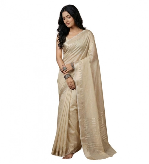 Women's Cotton Printed Saree With Unstitched Blouse 5.5Mtr (Cream)