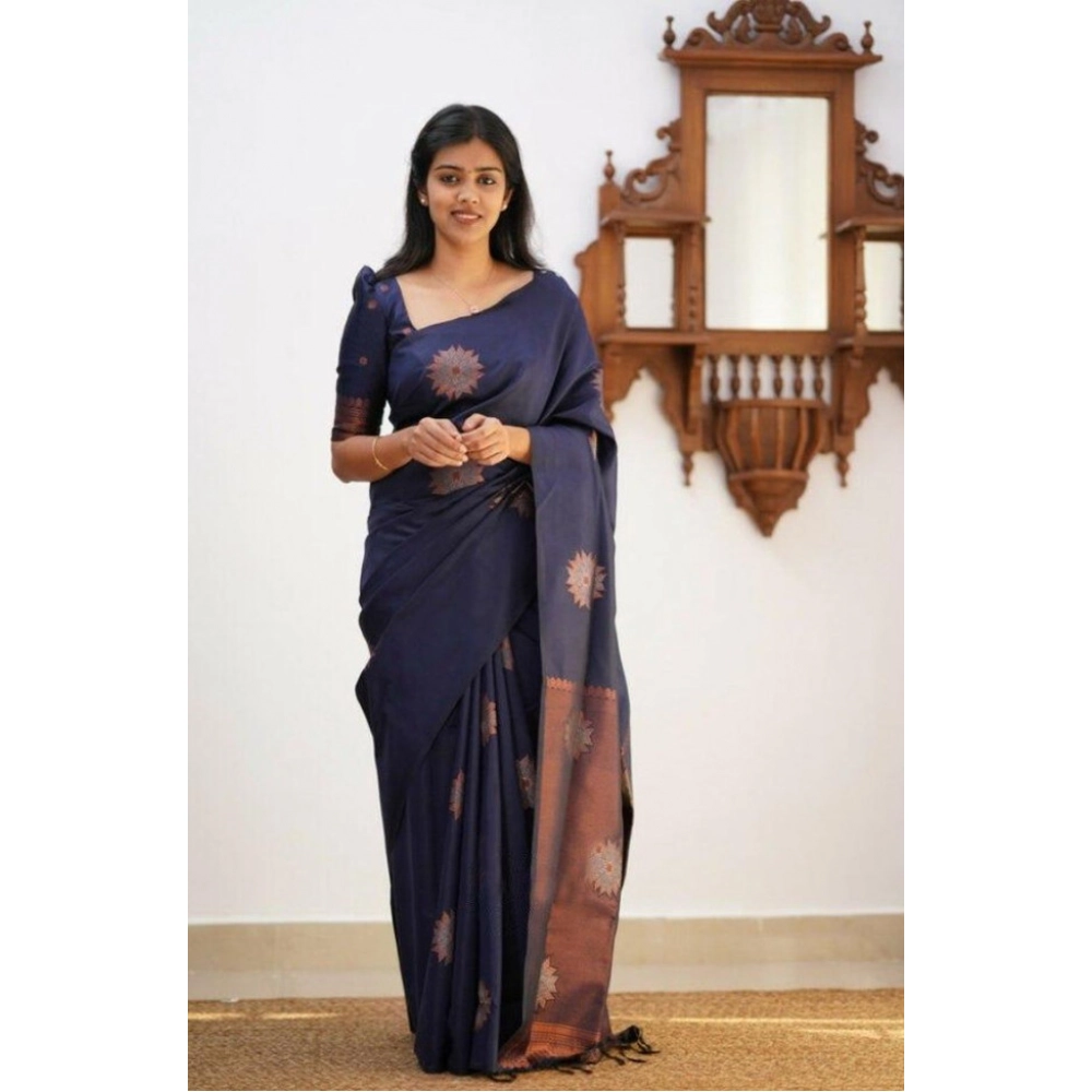 Women's Litchi silk Printed Saree With Unstitched Blouse (Dark Blue) Women's Litchi silk Printed Saree With Unstitched Blouse (Dark Blue)