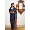 Dropship Women's Litchi silk Printed Saree With Unstitched Blouse (Dark Blue)