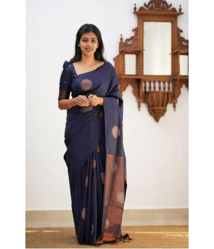 Women's Litchi silk Printed Saree With Unstitched Blouse (Dark Blue)