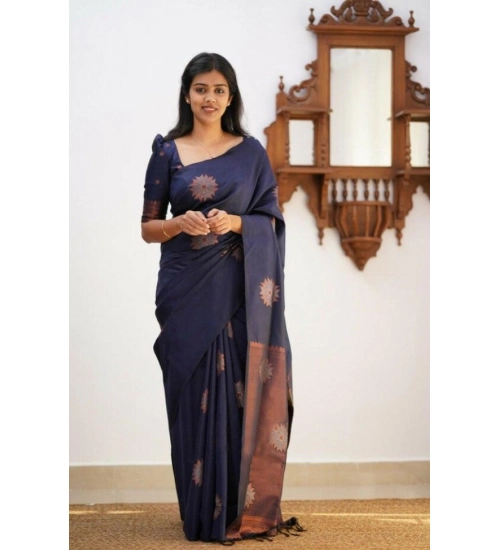 Women's Litchi silk Printed Saree With Unstitched Blouse (Dark Blue)