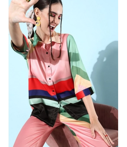 Women's Satin Colour Block Long Sleeves Co-Ord Set (Multicolor)