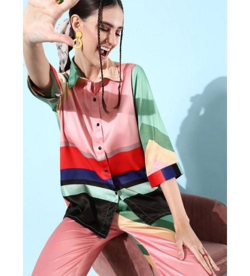 Women's Satin Colour Block Long Sleeves Co-Ord Set (Multicolor)