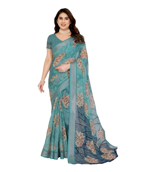 Women's Georgette Printed Saree With Unstitched Blouse 5.5Mtr (Turquoise Green)