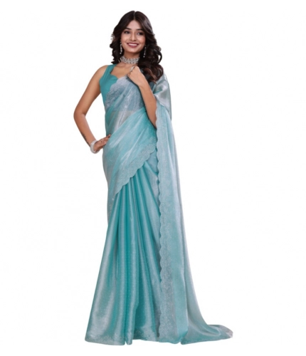 Women's Jimmy choo Embellished Bollywood Saree With Unstitched Blouse 5.5Mtr (Light Blue)