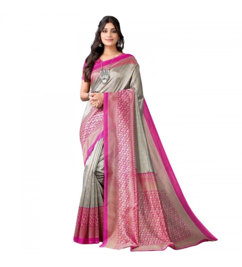 Women's Litchi silk Printed Saree With Unstitched Blouse  5-6 Mtrs (Gray)