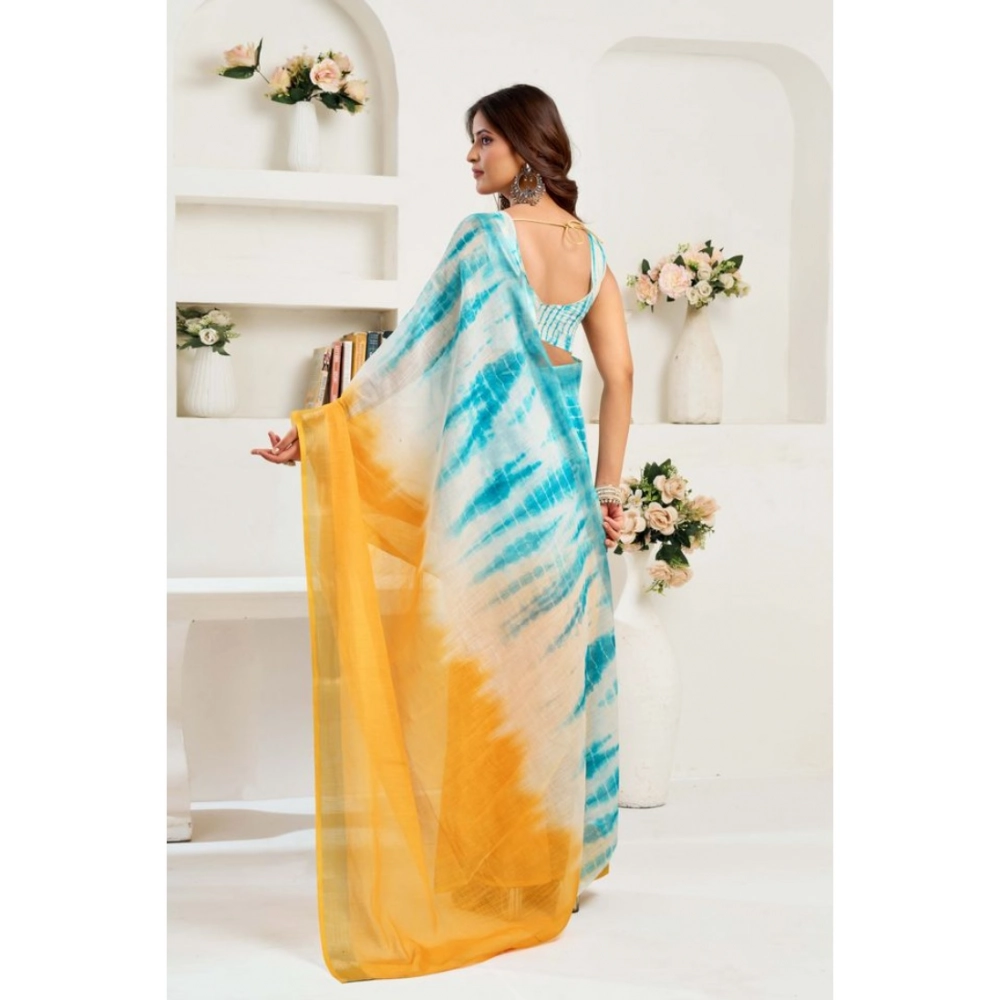 Women's Linen Cotton Printed Ready To Wear Saree With Unstitched Blouse 5.5 Mtr (Aqua_Blue)