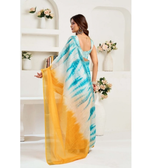 Women's Linen Cotton Printed Ready To Wear Saree With Unstitched Blouse 5.5 Mtr (Aqua_Blue)