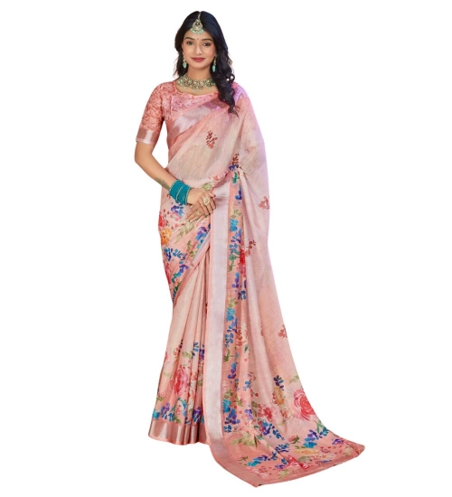 Women's Printed Cotton Linen Saree withPrinted  Saree With Unstitched Blouse (Pink , 5-6Mtrs)