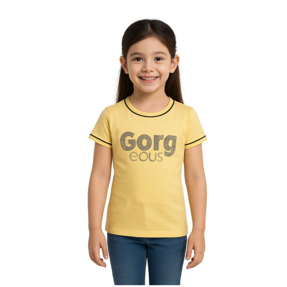 Girl's Cotton Printeded Round Neck T-Shirt (Yellow)