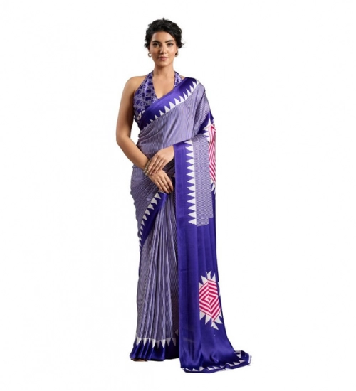 Women's Satin Crepe Printed Saree With Unstitched Blouse 5.5Mtr (Purple)