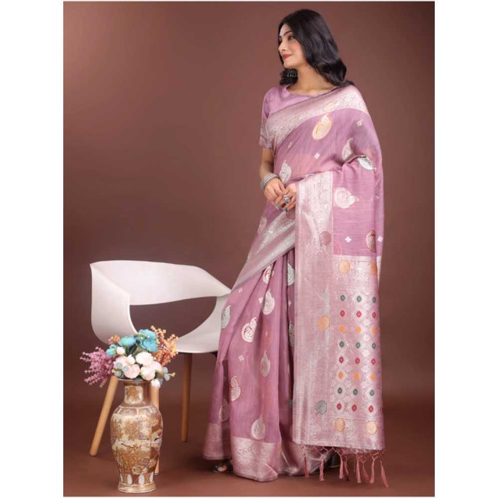 Women's Linen Cotton Printed Saree With Unstitched Blouse 5.5Mtr (Purple) Women's Linen Cotton Printed Saree With Unstitched Blouse 5.5Mtr (Purple)
