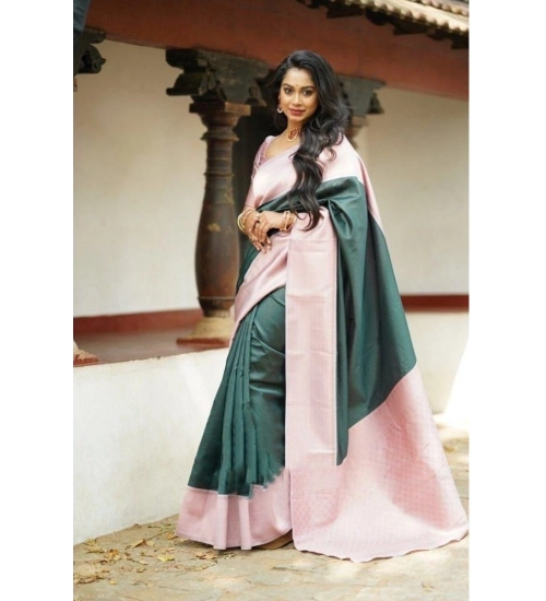 Women's Soft Lichi Silk Printed Saree With Unstitched Blouse 5.5Mtr (Green)