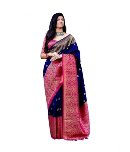 Women's Soft Lichi Silk Printed Saree With Unstitched Blouse 5.5Mtr (Blue)