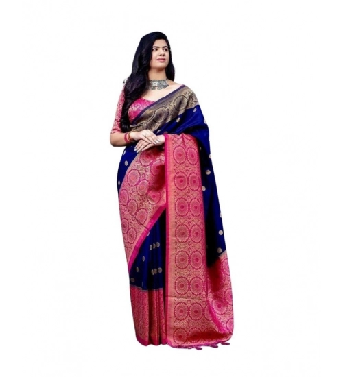 Women's Soft Lichi Silk Printed Saree With Unstitched Blouse 5.5Mtr (Blue)