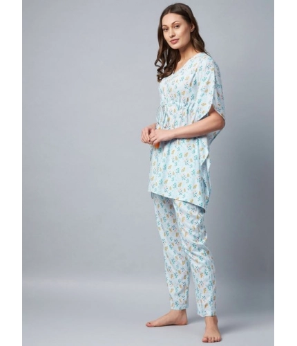 Women's Rayon Floral Kaftan Sleeve Kaftan Sets (Light Blue)
