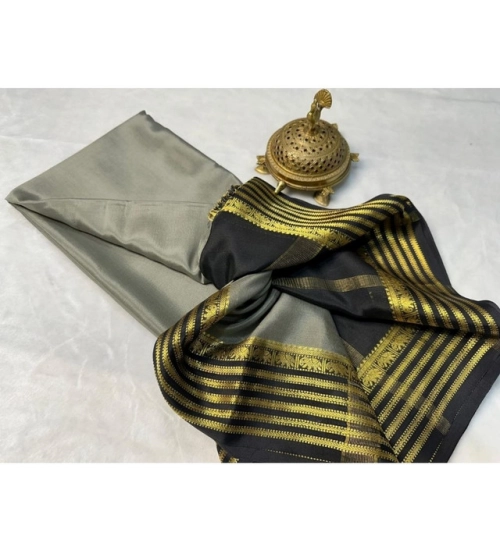 Women's Crepe Chit Pallu Solid Saree With Unstitched Blouse 5.5Mtr (Gray)