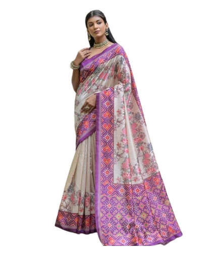 Women's Faux_Tussar Floral Jal With Patola Print Saree With Unstitched Blouse 5.5Mtr (Lavender)