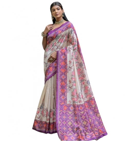 Women's Faux_Tussar Floral Jal With Patola Print Saree With Unstitched Blouse 5.5Mtr (Lavender)