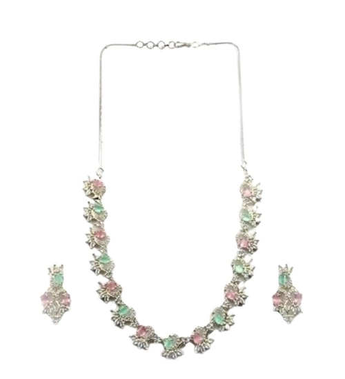 Women's Brass Silver Plated Necklace set (Multicolor)