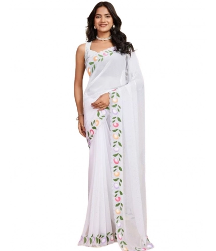 Women's Georgette Printed Saree With Unstitched Blouse 5.5Mtr (White)