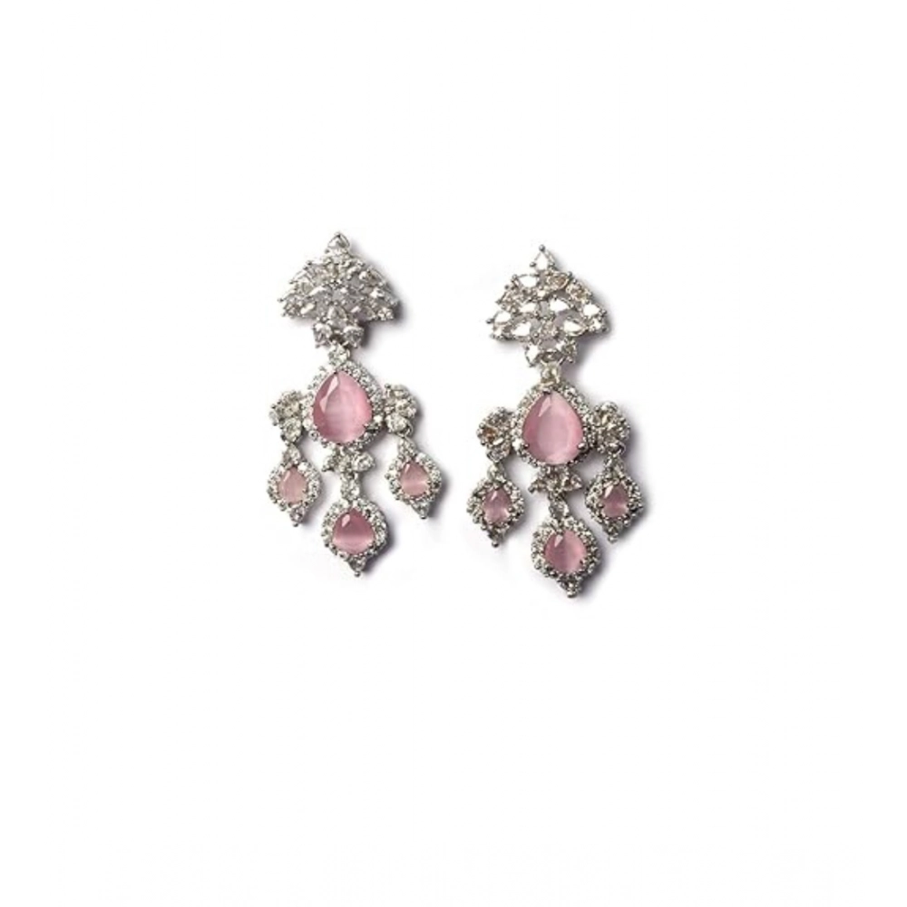 Women's Brass Silver Plated Drop Earrings (Pink)